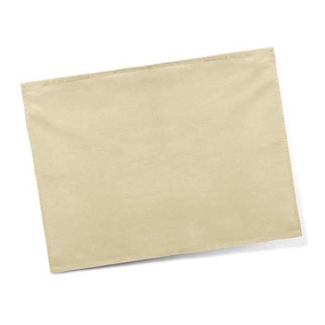 A cotton tea towel in a soft beige colour, featuring a simple design and a logo in the corner.