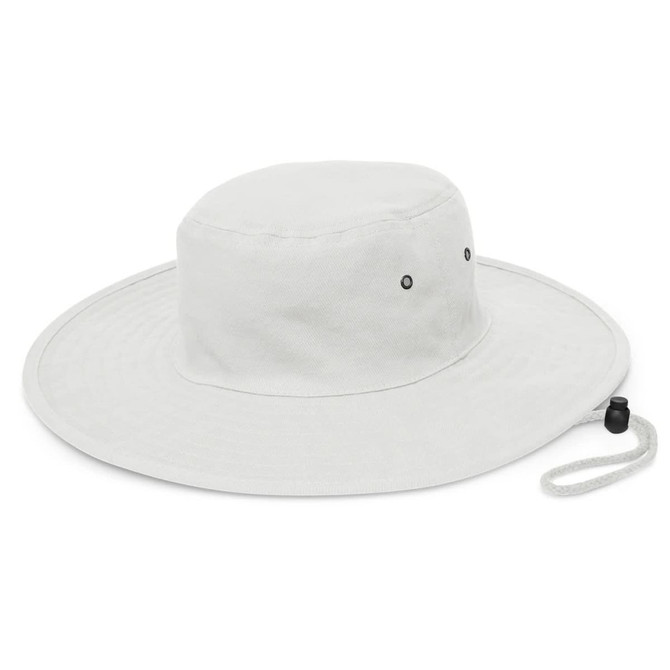 A wide-brim hat in a light gray color, featuring a simple design with ventilation holes and an adjustable chin strap.