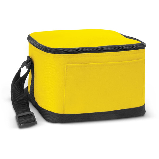 A yellow cooler bag with a black base and a side handle. It features a zip closure and a front pocket.