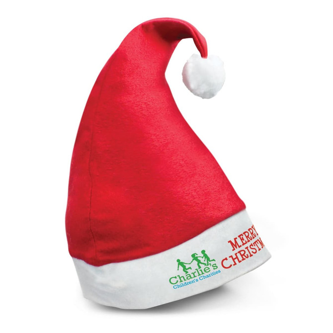 A red Santa hat with a white brim and a fluffy pom-pom, featuring a logo and decorative text.