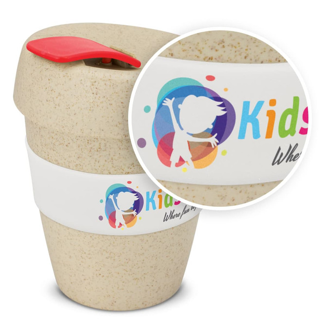 A drink bottle featuring a natural, beige design with a red lid and a vibrant logo. It has a white band.