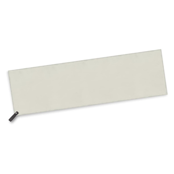 A light grey gym towel with a black branding tag on one end, designed for leisure and outdoor activities.