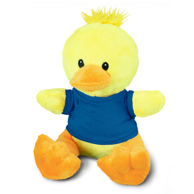 A yellow duck plush toy with an orange beak and feet, wearing a blue shirt, features a fluffy tuft on its head.