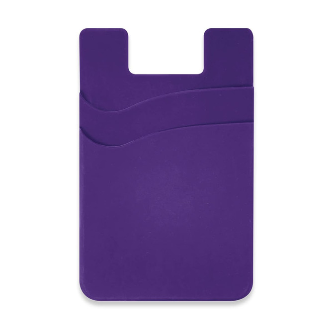 A purple dual silicone phone wallet with two pockets for cards and a slim design. It features a logo.