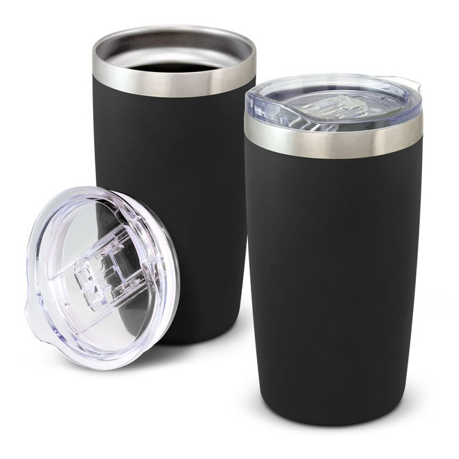 A drink bottle set in matte black with stainless steel detailing and clear lids. Includes two vacuum cups with a lid.