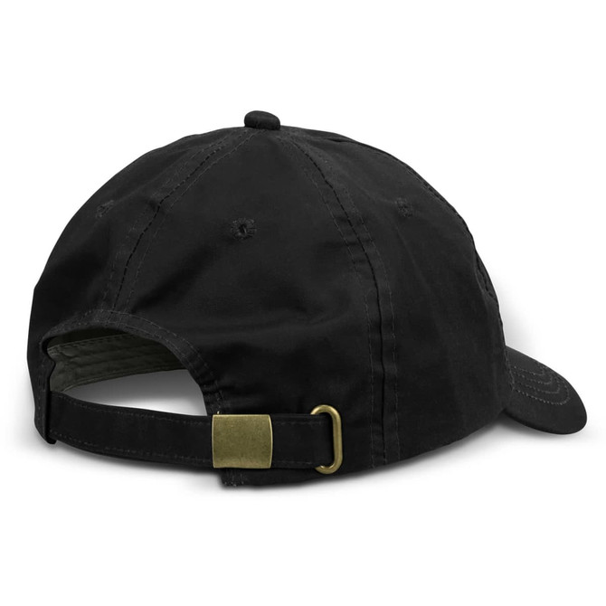 A black oilskin cap featuring a brass buckle adjustment on the back and a textured fabric finish.