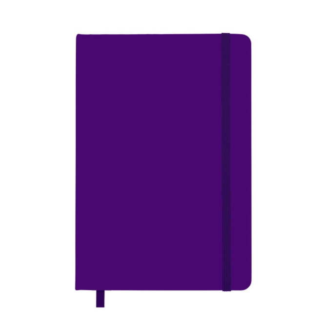 A purple A5 notebook with a matching elastic band and a ribbon bookmark, featuring a logo on the cover.