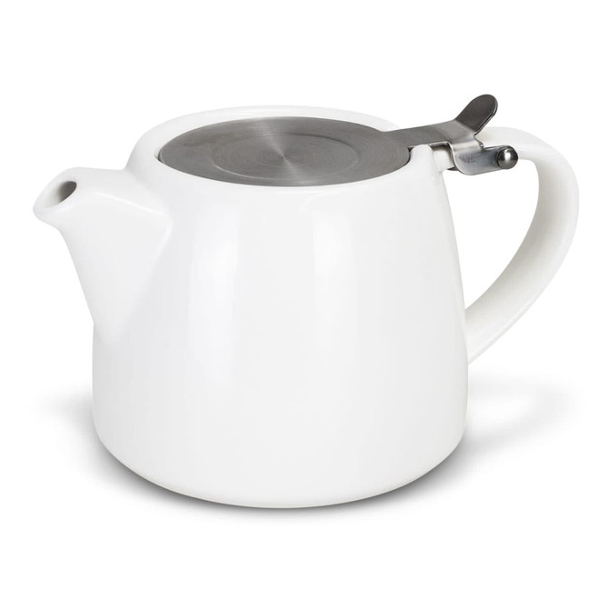 A white teapot with a stainless steel lid and spout. It has a sleek, modern design and includes a handle.