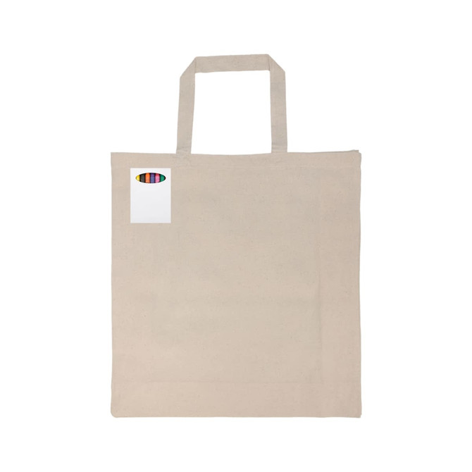 A beige calico bag with short handles and a small label, featuring assorted crayons beside it.