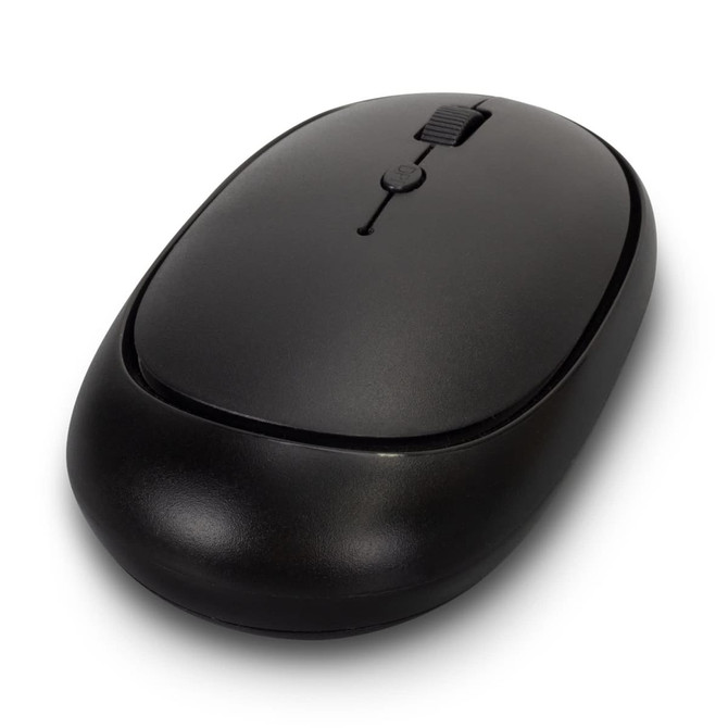 A black wireless travel mouse featuring a smooth design and a scroll wheel, with a logo on its surface.