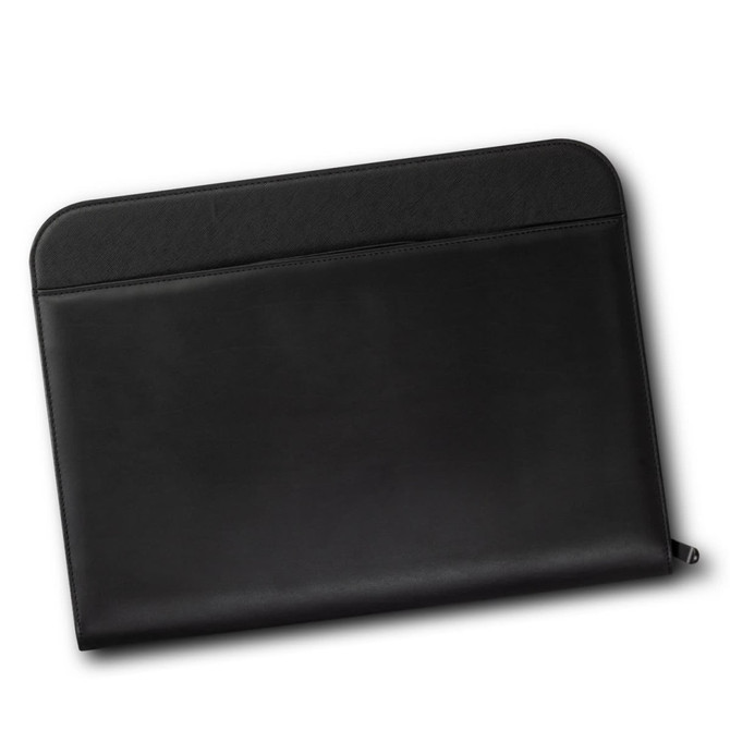 A black travel portfolio case featuring a smooth exterior and a sleek design. It includes a logo on the surface.