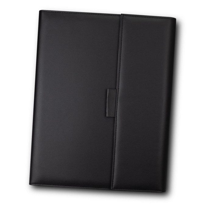 A black portfolio with a smooth finish, featuring a flap closure and a side pocket. It has a logo on the front.