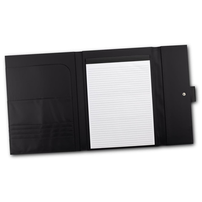 A black portfolio featuring an interior with pockets and a lined notepad. It has a button closure and smooth finish.