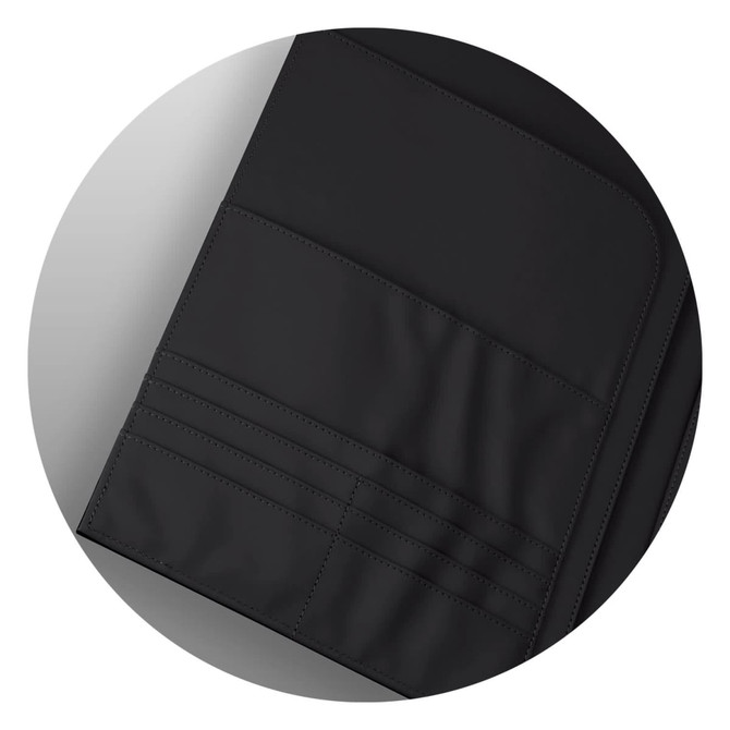 A black Lancester Portfolio featuring multiple pockets and a textured surface. It includes a logo.