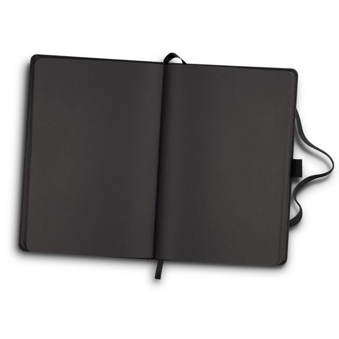 A black notebook with blank pages, featuring a ribbon bookmark and cover. It has a logo on the front.