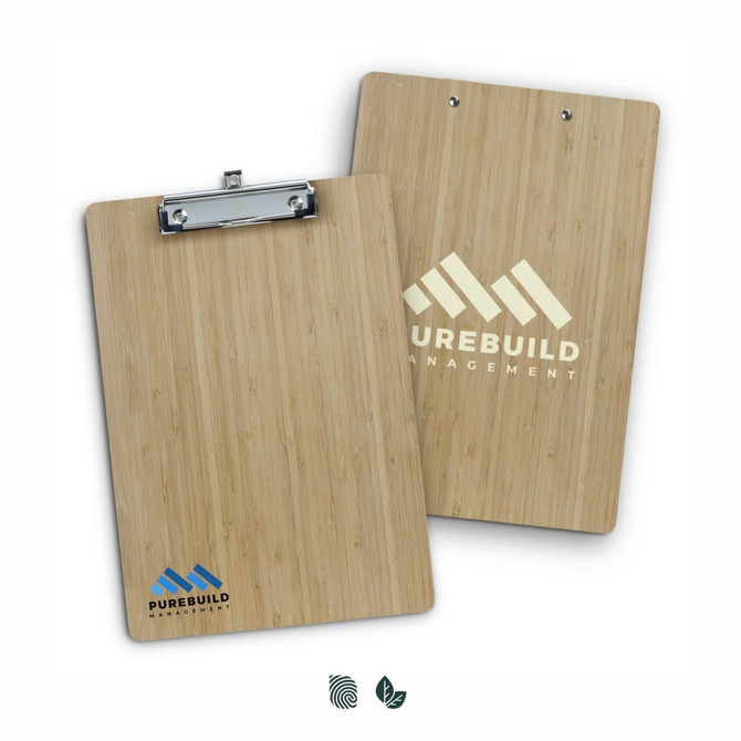 A bamboo clipboard with a silver clip, featuring a logo on one side and a natural wood finish.