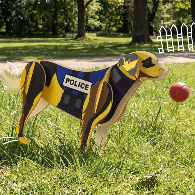 A wooden model of a police dog in yellow and black, standing on grass with a red ball nearby.