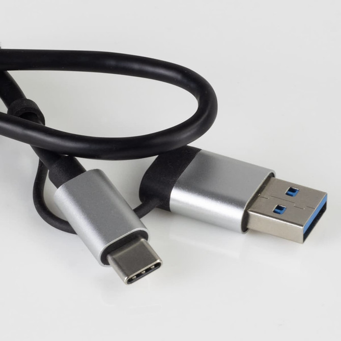 A black USB cable featuring a silver USB-A connector and a USB-C connector.