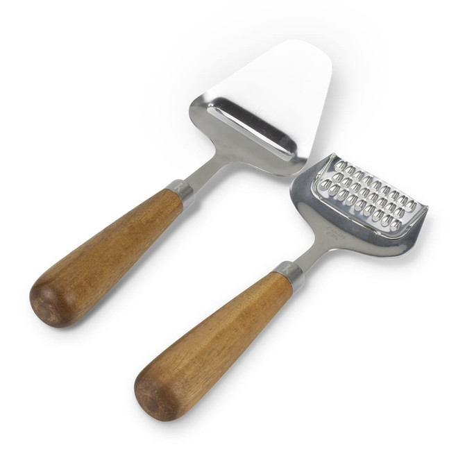 A slicer and grater set with stainless steel blades and wooden handles in a natural finish.