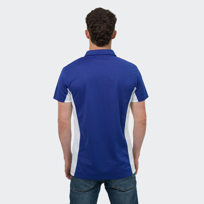 A blue and white men's polo shirt with short sleeves, featuring a logo on the back.