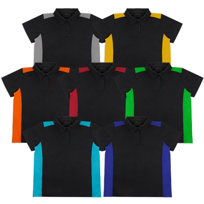 A collection of eight women's polo shirts in black with coloured side panels in grey, yellow, orange, red, teal, and purple.