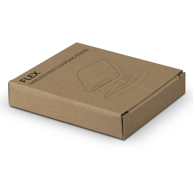 A brown cardboard box containing a wireless fast charging stand, featuring minimalist line designs on its surface.