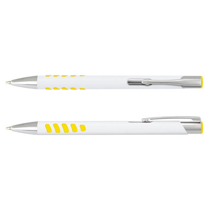 A metal pen with a white barrel and yellow accents, featuring a clip and grip design. It includes a logo.