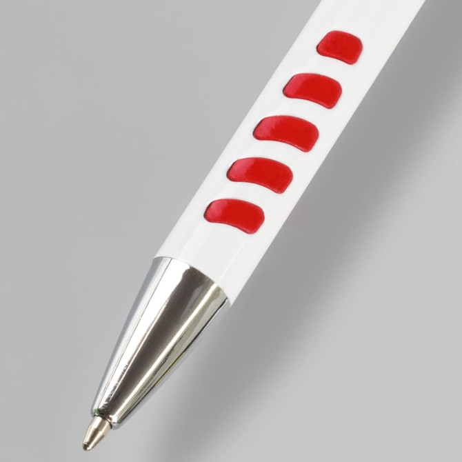 A metal pen with a white barrel and red grip accents, featuring a shiny silver tip.