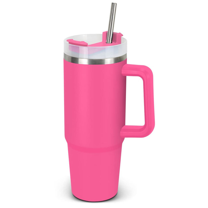 A drink bottle in vibrant pink with a stainless steel lid and a handle, featuring a straw.