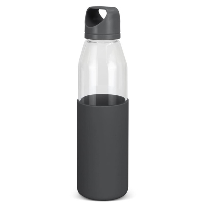 A drink bottle with a clear glass body and a dark grey silicone sleeve, featuring a wide mouth and a handle.