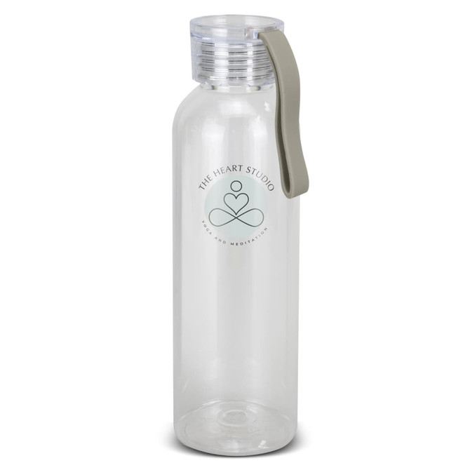 A drink bottle with a clear body, grey lid, and a handle, featuring a circular logo on the front.