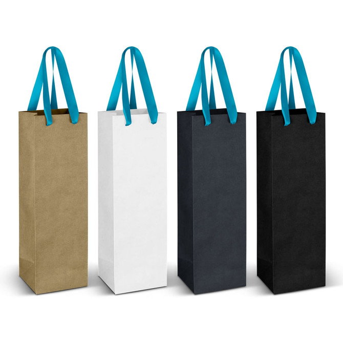 A set of four paper bags in gold, white, black, and dark blue, each with blue ribbon handles.
