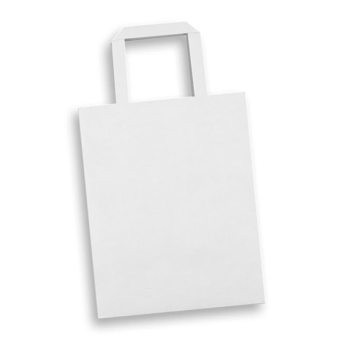 A medium flat handle paper bag in white, featuring flat handles and a blank surface. It has a logo.