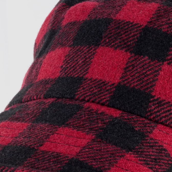 A red and black checkered Fiordland Bucket Hat with a wide brim and a textured fabric. It features a logo.