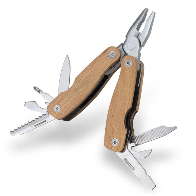 A wooden multi-tool with various metal attachments, including pliers, knife, and screwdriver, featuring a sleek design.