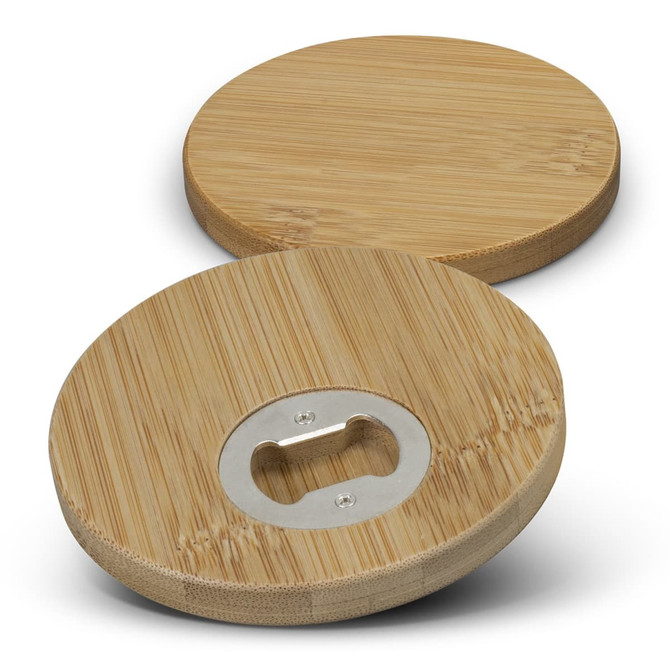 A drink bottle opener coaster set of 2, featuring round bamboo coasters with a silver opener inset.