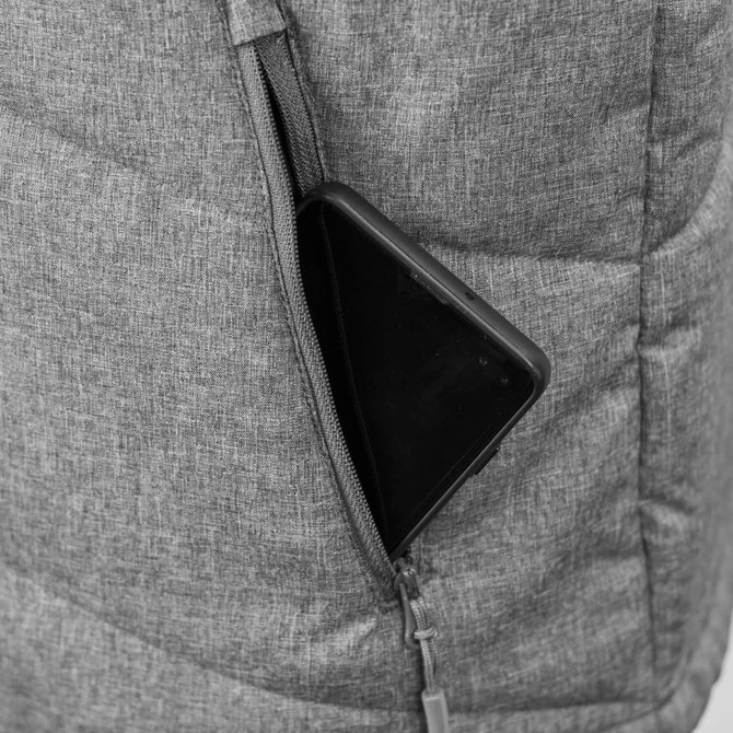 A grey puffer vest featuring a zippered pocket with a smartphone partially tucked inside.