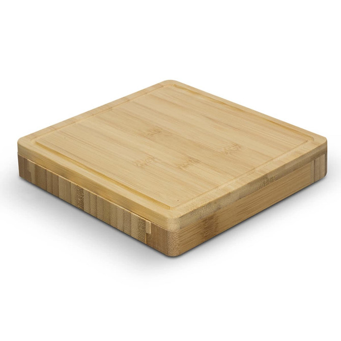 A square bamboo cheese board with a smooth surface and angled edges, featuring a natural wood finish.