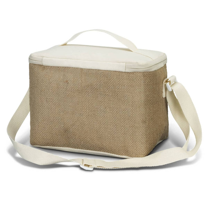 A jute cooler bag in natural beige with a white top and handle, featuring a detachable strap and branding.