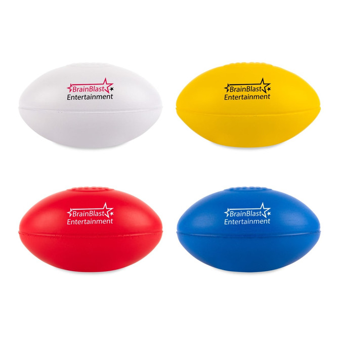 A set of four football stress relievers in red, blue, yellow, and white, featuring a logo.