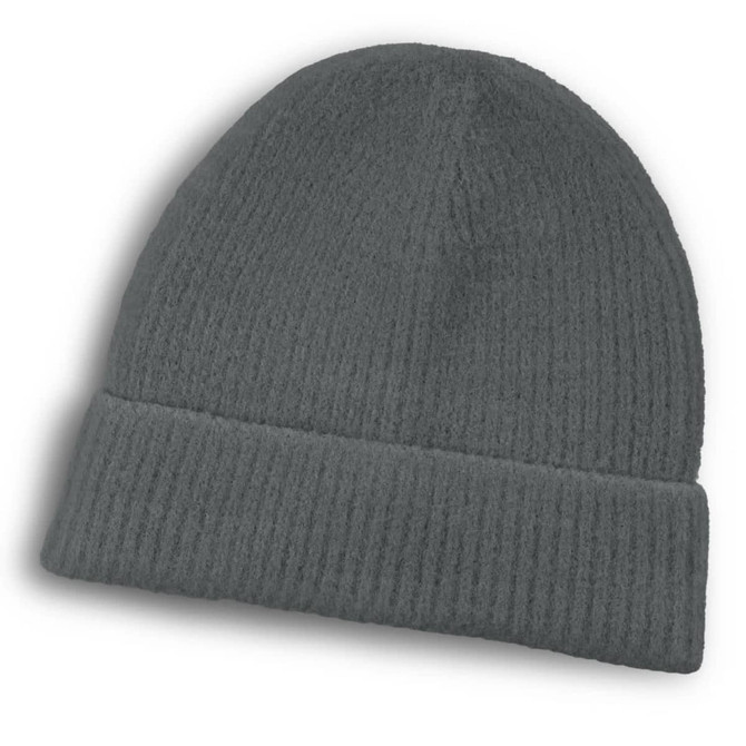 A grey beanie with a textured finish and a folded cuff, featuring a small logo.