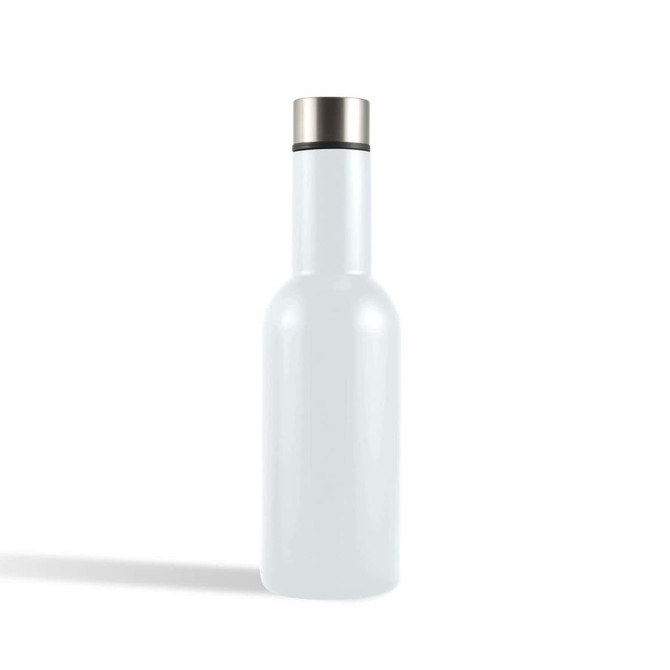 A drink bottle in a light blue color with a stainless steel lid and a sleek design, featuring a logo.