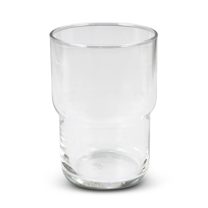 A clear stackable glass tumbler with a smooth, modern design, featuring a rounded upper section and a sturdy base.