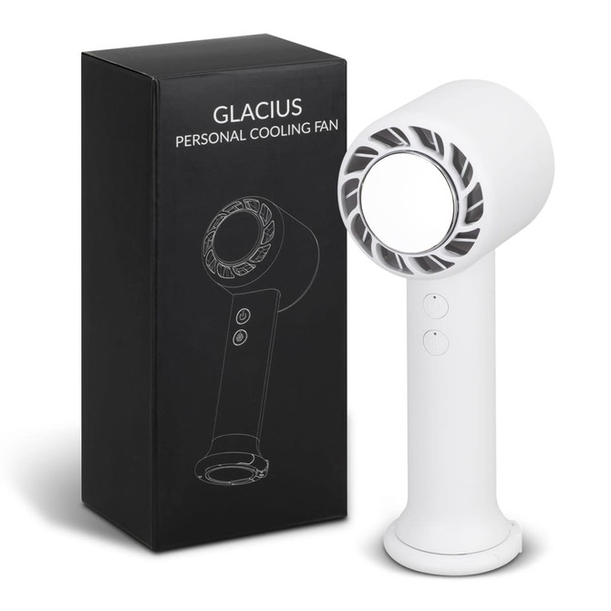 A white personal cooling fan stands beside its black packaging, featuring a logo on the box.