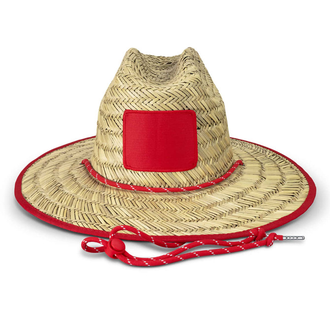 A straw Tiki hat with a wide brim, featuring a red band and adjustable chin strap. It has a blank patch area.