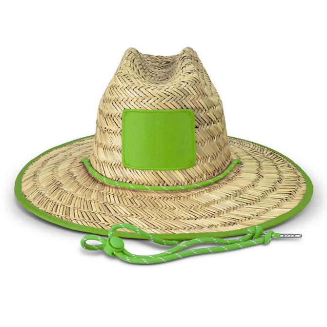 A Tiki straw hat with a wide brim, made from natural straw and featuring a bright green trim.