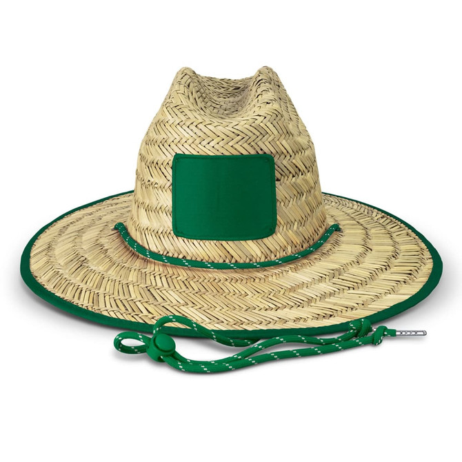 A straw hat with a wide brim, featuring a green band and an adjustable chin strap. It has a blank logo area.