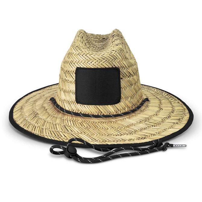 A straw Tiki hat in natural tones with a black band and adjustable chin strap. It features a branding area.