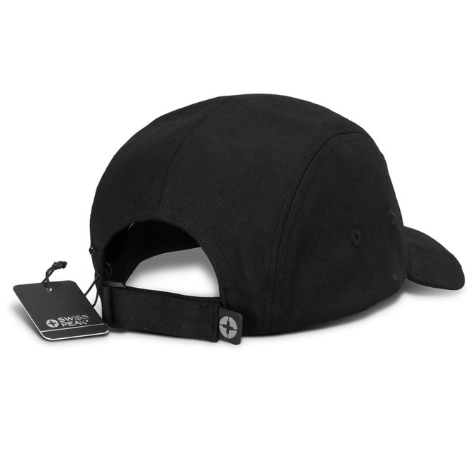 A black five-panel cap featuring an adjustable strap and a logo on the side.