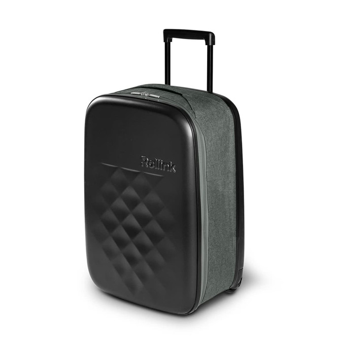 A small wheeled suitcase featuring a green fabric exterior and a black hard shell, with a retractable handle.